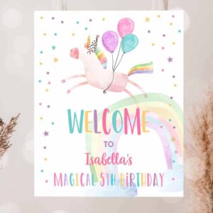 2 editable unicorn welcome sign unicorn birthday door sign rainbow girl magical party sign poster pink first template printable corjl 0336 1