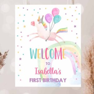 2 editable unicorn welcome sign unicorn birthday door sign rainbow girl magical unicorn party sign pink first template printable corjl 0336 1
