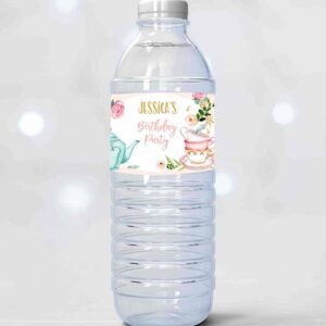 2 editable water bottle label tea party girl birthday tea for two birthday flowers pink gold printable bottle labels template corjl 0349 1
