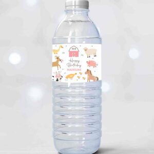 2 editable water bottle labels farm animals girl birthday pink barnyard farm birthday decor cow printable bottle labels template corjl 0436 1