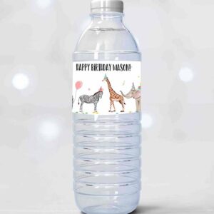 2 editable water bottle labels party animals birthday wild one birthday decor safari zoo printable bottle labels template corjl 0142 1