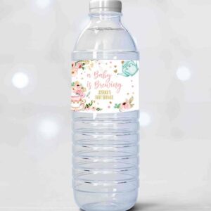 2 editable water bottle labels tea baby shower girl a baby is brewing flowers pink gold tea shower printable bottle labels template corjl 0349 1