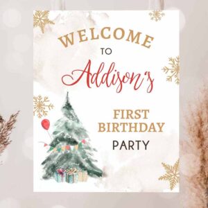 2 editable winter onederland welcome sign christmas tree watercolor first birthday neutral red gold snowflake corjl template printable 0363 1