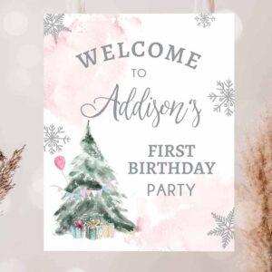 2 editable winter onederland welcome sign party tree watercolor first birthday girl pink snowflake wonderland corjl template printable 0363 1