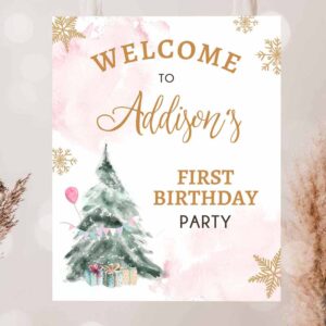 2 editable winter onederland welcome sign tree watercolor first birthday girl pink snowflake wonderland corjl template printable 0363 1