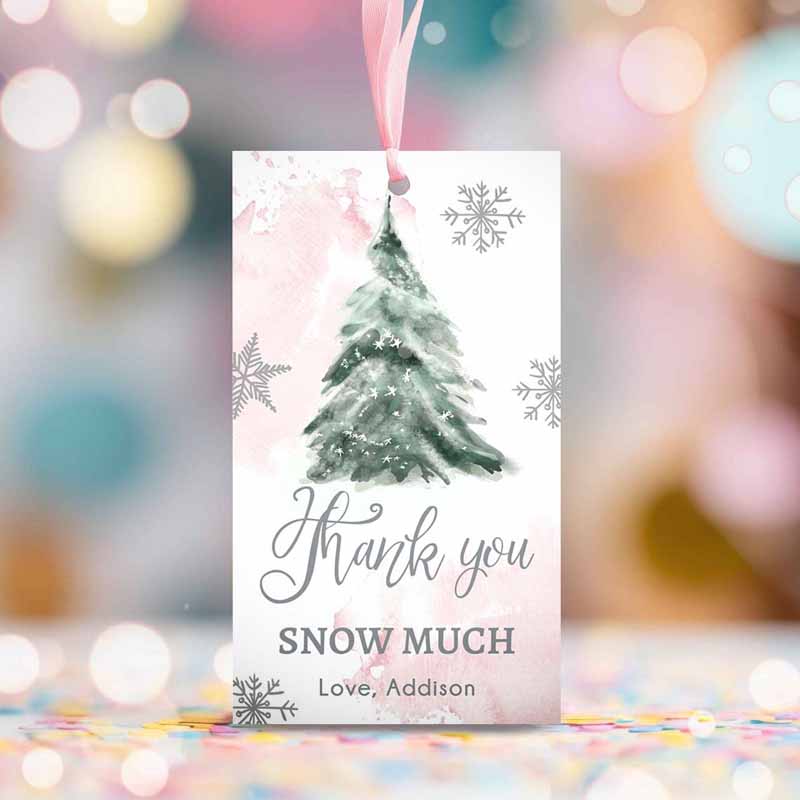 2 editable winter tree thank you tags winter onederland pink girl christmas thank you snow much baby shower birthday gift corjl printable 0363 1