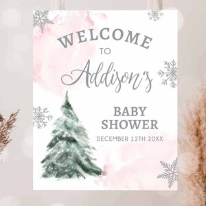 2 editable winter tree welcome sign tree watercolor baby shower girl pink little snowflake on the way wonderland corjl template printable 0363 1