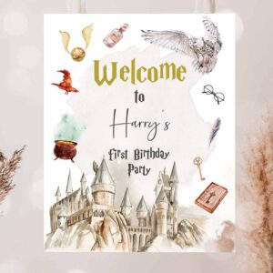 2 editable wizard birthday welcome sign boy magic school birthday welcome poster the chosen one wizardry castle template corjl printable 0440 1