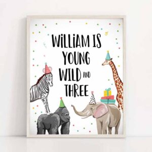 2 editable young wild and three birthday sign safari animals zoo jungle party wild animals party decorations corjl template printable 0142 1