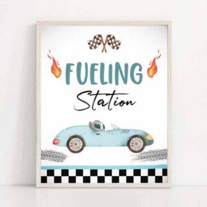 2 fueling station race car sign race car birthday party sign two fast birthday party blue vintage racing car drinks download printable 0424 1