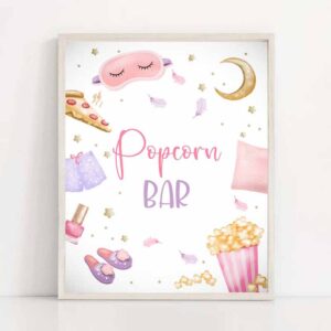 2 popcorn bar sign sleepover birthday sign slumber party decor teen birthday movie night pancakes pajamas snack sign download printable 0447 1