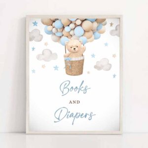 2 teddy bear hot air balloon shower books and diapers sign boy blue teddy bear baby shower we can bearly wait shower instant download 4h 1