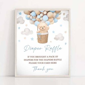 2 teddy bear hot air balloon shower diaper raffle sign boy blue teddy bear baby shower we can bearly wait shower instant download 4h 1
