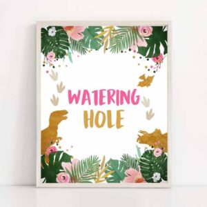 2 watering hole birthday sign drink table decor dinosaur birthday dino party girl prehistoric t rex table sign instant download printable 0146 1