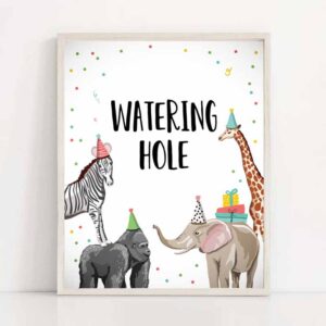 2 watering hole birthday sign drink table decor safari birthday wild one animals party animals table sign zoo party jungle printable 0142 1