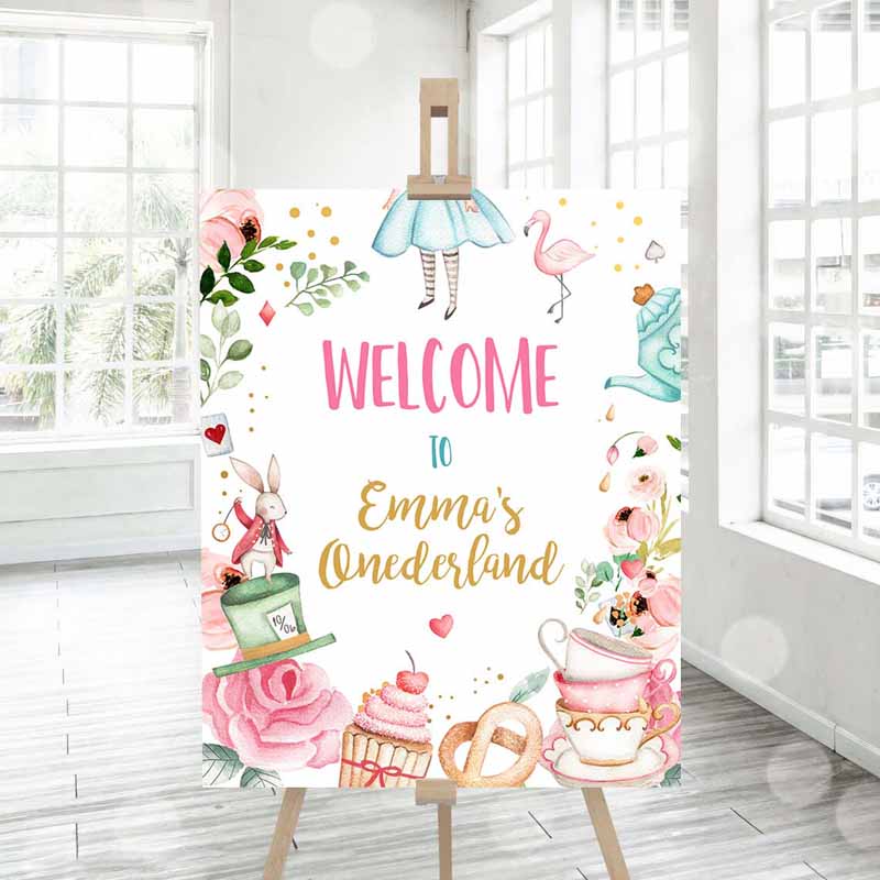 3 Editable Alice in Wonderland Welcome Sign Alice in Onederland Birthday Sign Girl Pink Mad Tea Party Shower Template Corjl PRINTABLE 0350