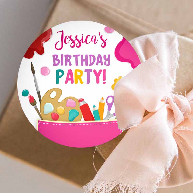 3 Editable Art Party Favor Tags Painting Party Thank You Tag Sticker Art Birthday Girl Pink Craft Paint Brush Corjl Template Printable 0319