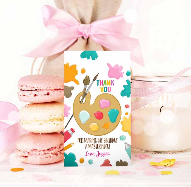 3 Editable Art Party Favor Tags Painting Thank You Tag Gift Tag Art Birthday Girl Pink Craft Paint Brush Corjl Template Printable 0319