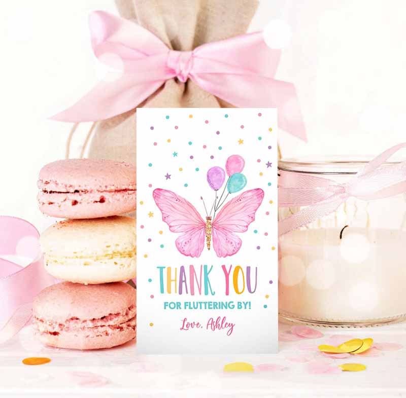 3 editable butterfly favor tag birthday favors thank you fluttering by girl pink balloons confetti gold gift corjl template printable 0162 1