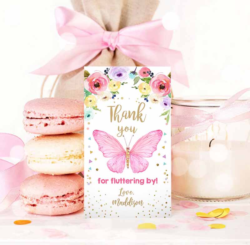 3 editable butterfly favor tag butterfly birthday thank you tags garden shower pink gold girl fluttering by floral template printable 0162 1