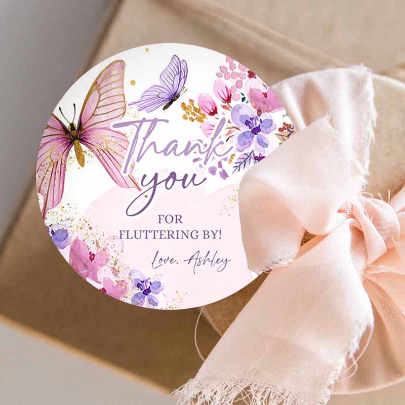 3 editable butterfly favor tags floral butterfly birthday thank you tag garden shower pink gold purple fluttering by template printable 0437 1