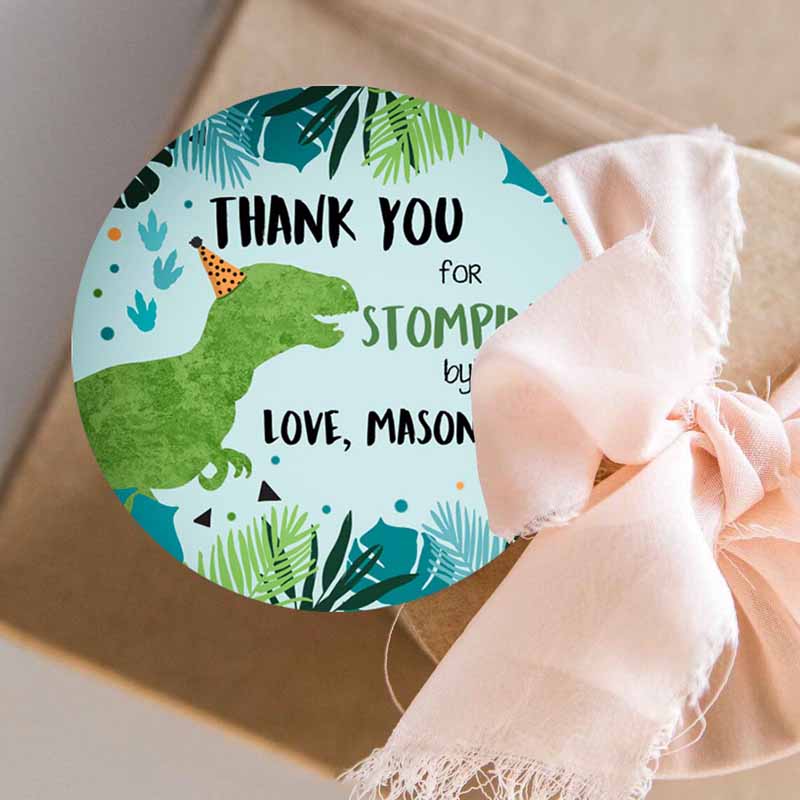 3 editable dinosaur birthday favor tag gift tag boy green blue three rex thank you stomping by dino party t rex corjl template printable 0389 1
