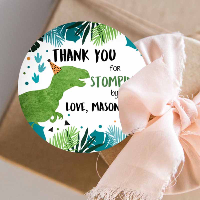 3 editable dinosaur birthday favor tags gift tags boy green blue three rex thank you stomping by dino party t rex corjl template printable 0389 1