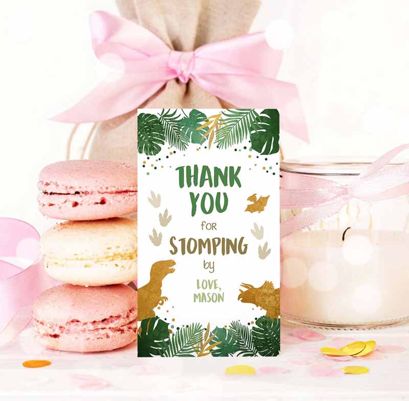 3 Editable Dinosaur Favor Tags Gift Tag Boy Green Gold Thank You for Stomping By Tag Birthday Dino Party T Rex Corjl Template Printable 0146