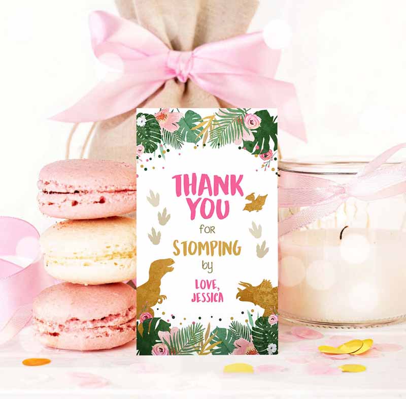 3 editable dinosaur favor tags gift tag girl pink gold thank you for stomping by tag birthday dino party t rex corjl template printable 0146 1