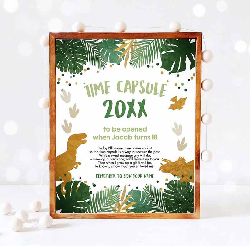 3 Editable Dinosaur Time Capsule First Birthday Party Green Gold Boy Party 1st Table Sign Cards T Rex Guestbook Corjl Template Printable 0146