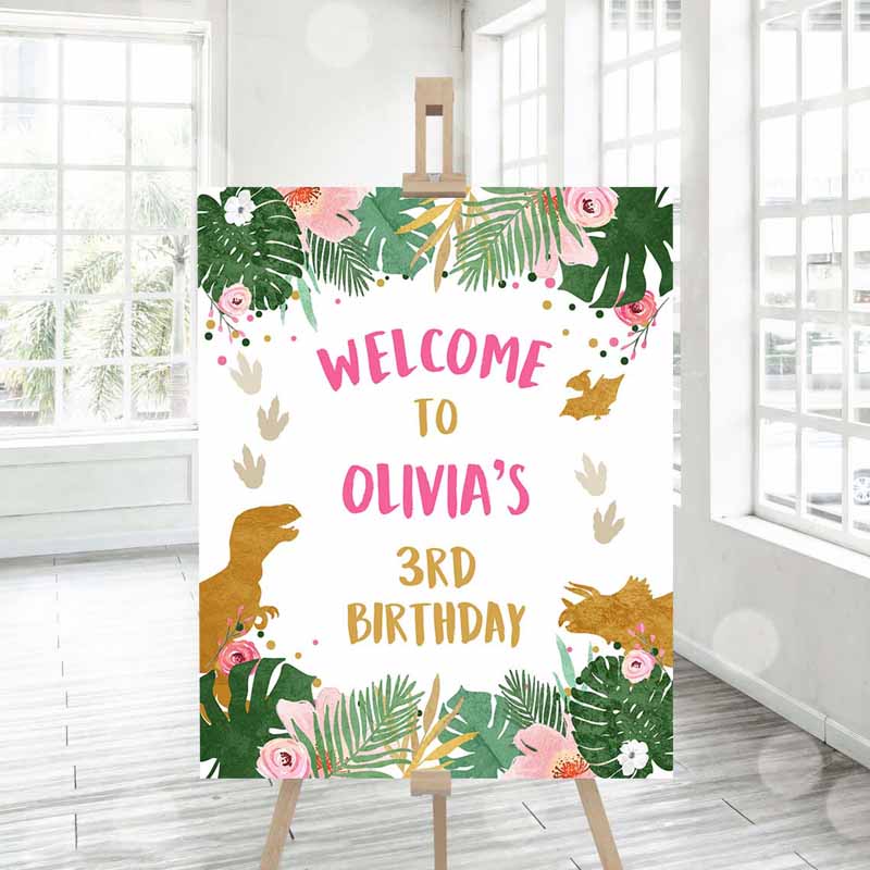 3 Editable Dinosaur Welcome Sign Girl Pink and Gold Dino Party Dinosaur Birthday Sign Welcome Dinosaur Sign Template PRINTABLE Corjl 0146