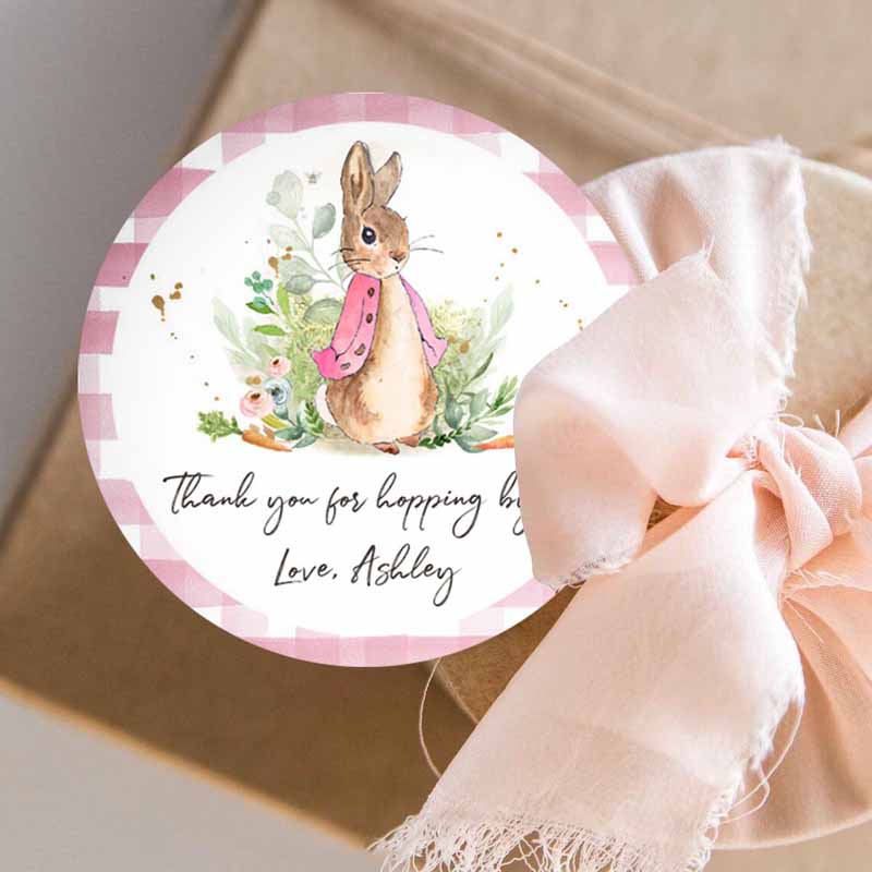 3 editable flopsy rabbit favor tag bunny thank you round pink girl baby shower label thanks hopping by printable download corjl template 0351 1