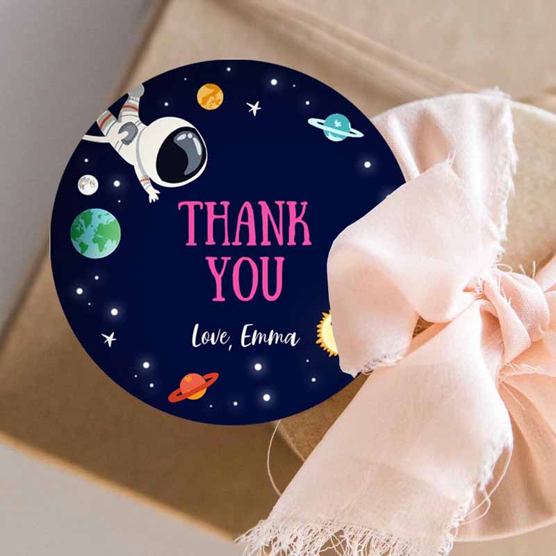 3 editable girl space astronaut favor tag thank you tag birthday party outer space galaxy planets and stars round square corjl template 0259 1
