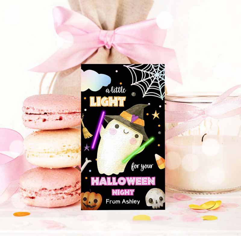3 editable halloween glow stick favor tags ghost gift tags trick or treat halloween night school treat download black template corjl 0261 1