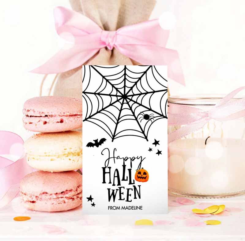 3 editable happy halloween gift tag trick or treat favor tags spiderweb treat bag spooky personalized download printable corjl 0261 0009 1