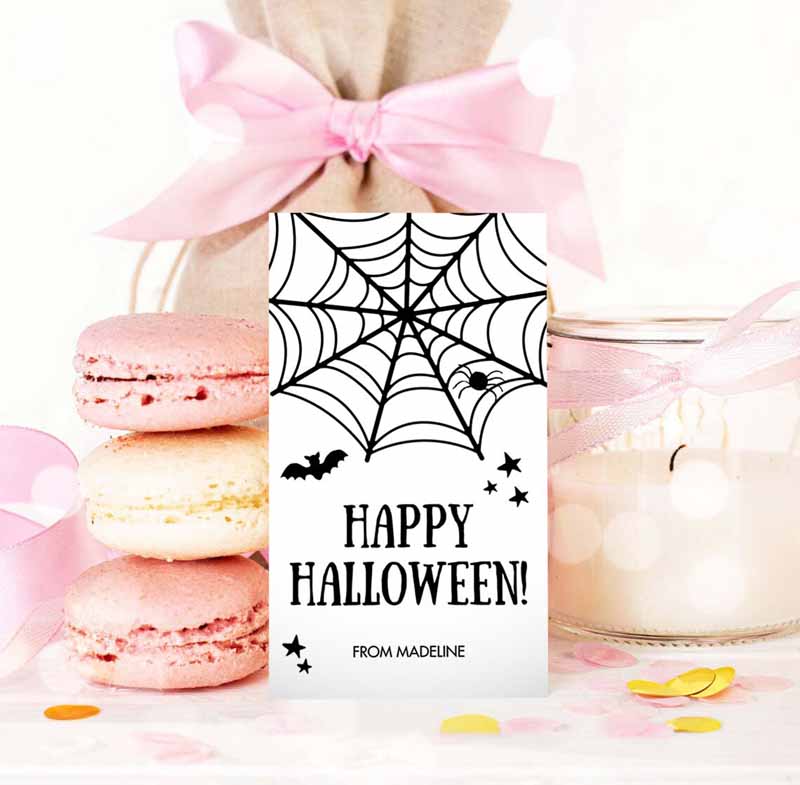 3 editable happy halloween gift tags trick or treat favor tags spiderweb treat bag spooky personalized download printable corjl 0261 0009 1