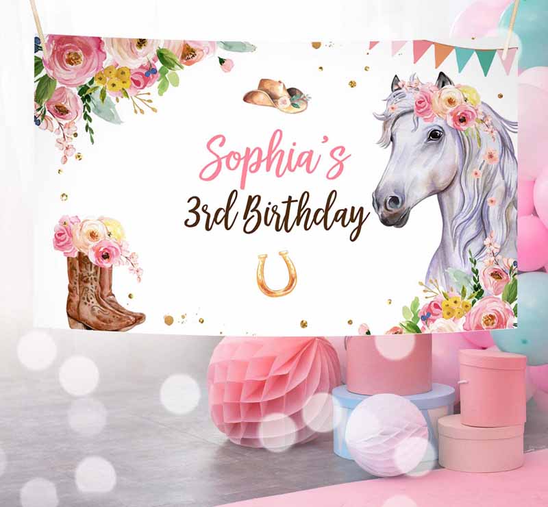 3 editable horse birthday backdrop saddle up watercolor cowgirl party girl pony birthday decor horse party sign corjl template printable 0408 1