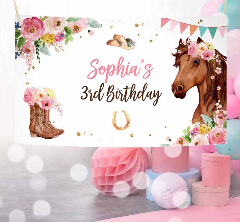 3 editable horse party birthday backdrop saddle up watercolor cowgirl party girl pony birthday decor horse party sign corjl template printable 0408 1