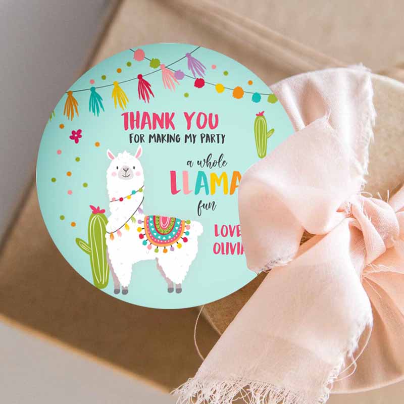 3 editable llama thank you favor tags baby shower llama stickers fiesta cactus alpaca mexican llama birthday girl blue corjl template 0079 1
