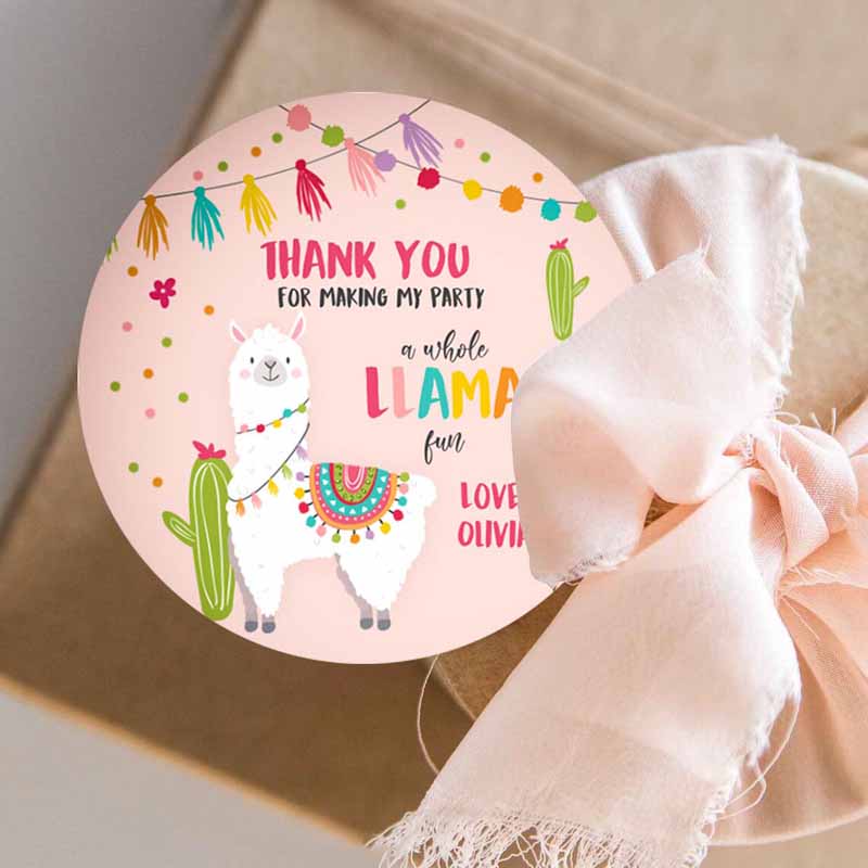 3 editable llama thank you favor tags baby shower llama stickers fiesta cactus alpaca mexican llama birthday girl pink corjl template 0079 1