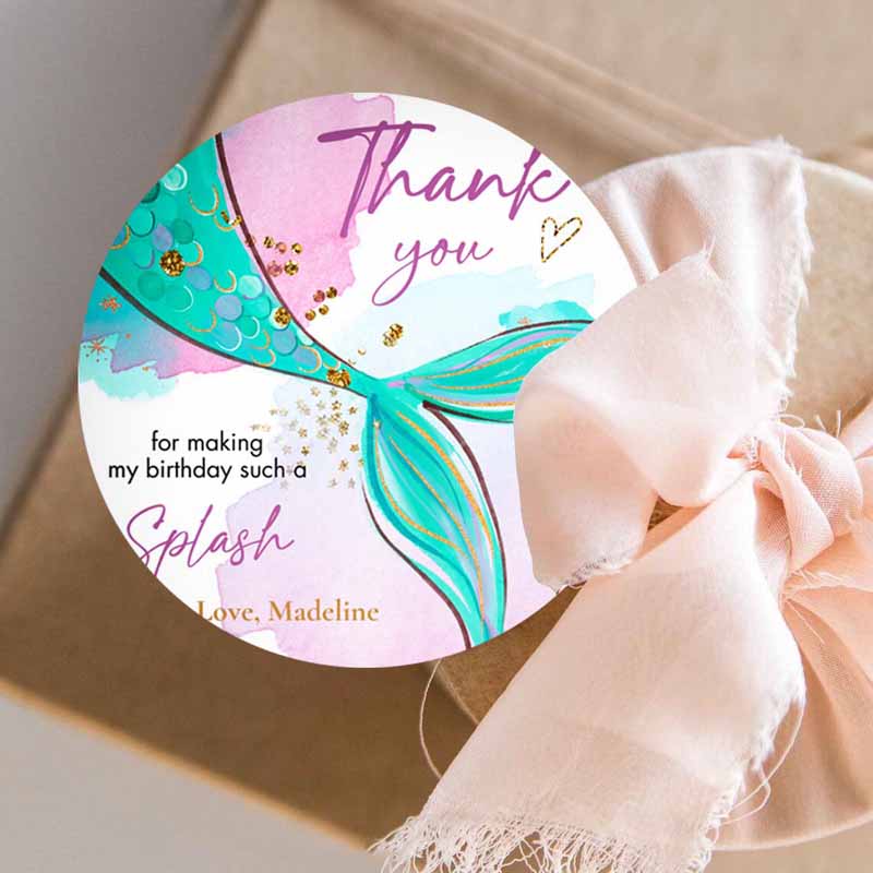 3 editable mermaid birthday favor tag under the sea thank you stickers mermaid party girl pink gold download template corjl printable 0403 1