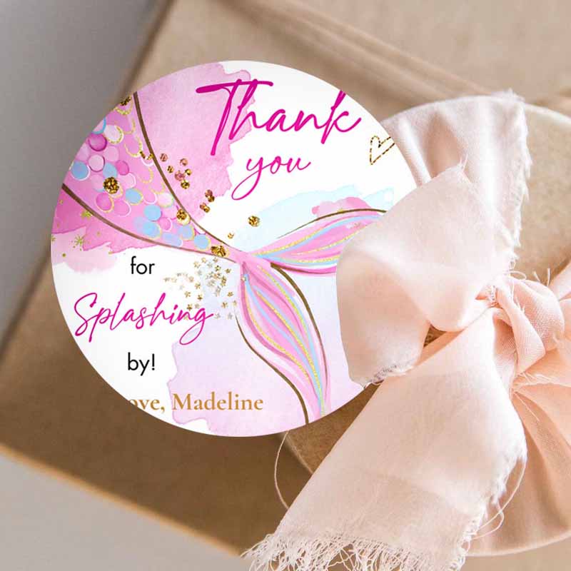 3 editable mermaid birthday favor tags under the sea thank you stickers mermaid party girl pink gold download template corjl printable 0403 1