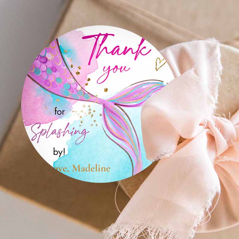 3 editable mermaid birthday favor tags under the sea thank you tags mermaid party mermaid stickers pink download template corjl printable 0403 1