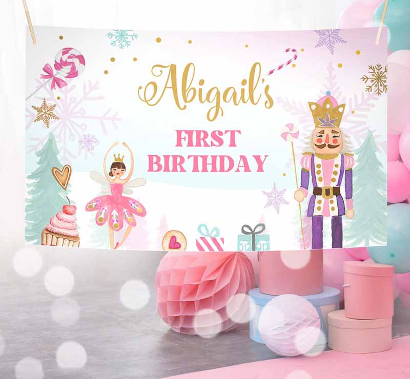 3 Editable Nutcracker Backdrop Banner Pink Gold Nutcracker Birthday Decor Girl Winter Land of Sweets Download Corjl Template Printable 0352