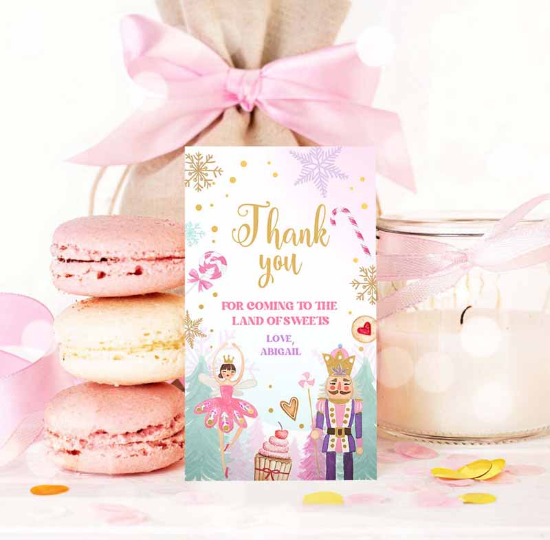 3 editable nutcracker birthday favor tag nutcracker birthday land of sweets thank you tag sugar plum fairy christmas winter pink gold girl corjl 0352 1