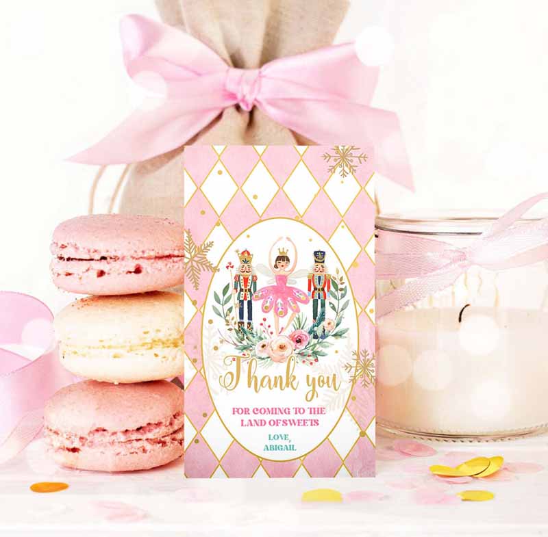 3 editable nutcracker birthday favor tags nutcracker birthday land of sweets thank you tag sugar plum fairy christmas winter pink gold girl corjl 0352 1