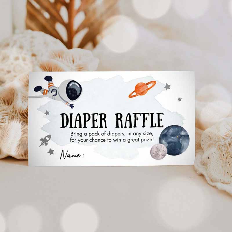 3 Editable Outer Space Astronaut Diaper Raffle Ticket Baby Shower Orange Planets Galaxy Registry Card Game Corjl Template PRINTABLE 0366