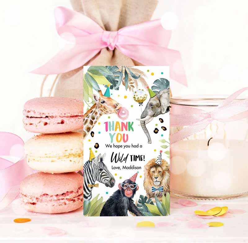 3 editable party animals favor tags wild one animal thank you tags safari zoo girl birthday wild time gift tag digital corjl template 0417 1