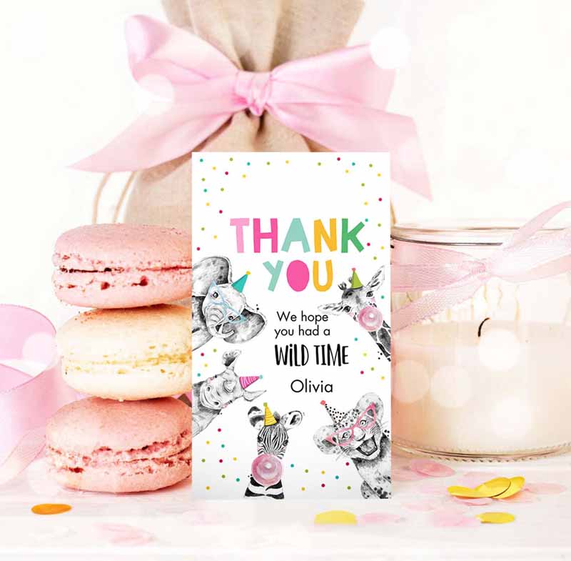 3 editable party animals favor tags wild one animals thank you tags safari zoo girl birthday wild time gift tag digital corjl template 0390 1