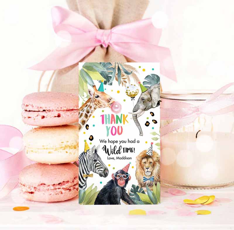 3 editable party animals favor tags wild one animals thank you tags safari zoo girl birthday wild time gift tag digital corjl template 0417 1